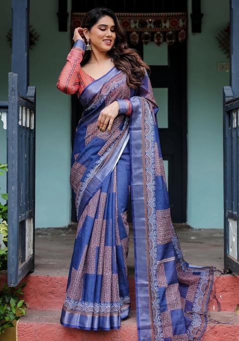 Blue Printed Cotton Linen Saree Set