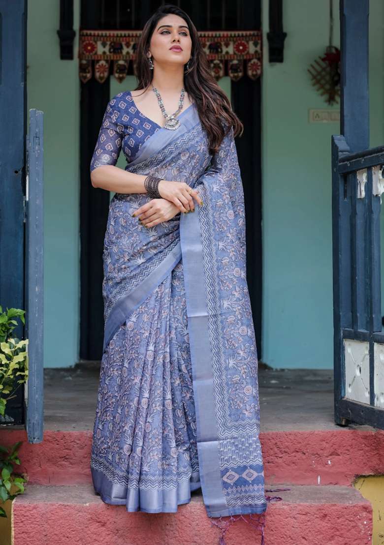 Blue Printed Cotton Linen Saree Set - Indya