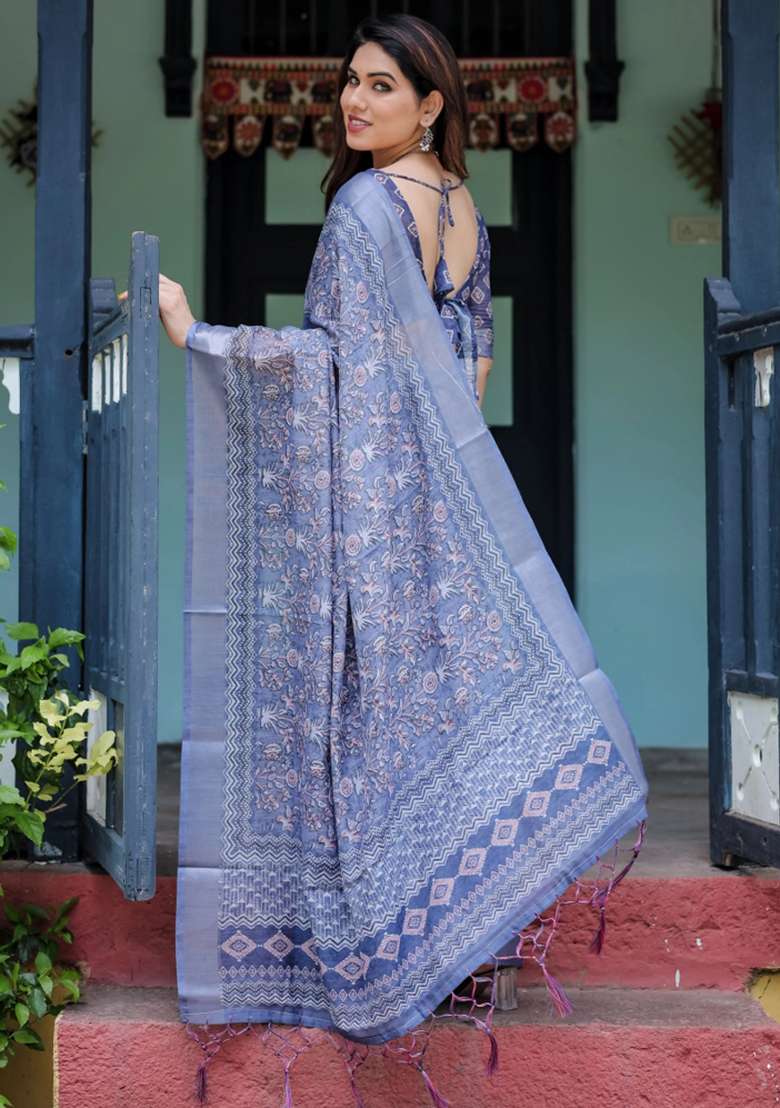 Blue Printed Cotton Linen Saree Set - Indya