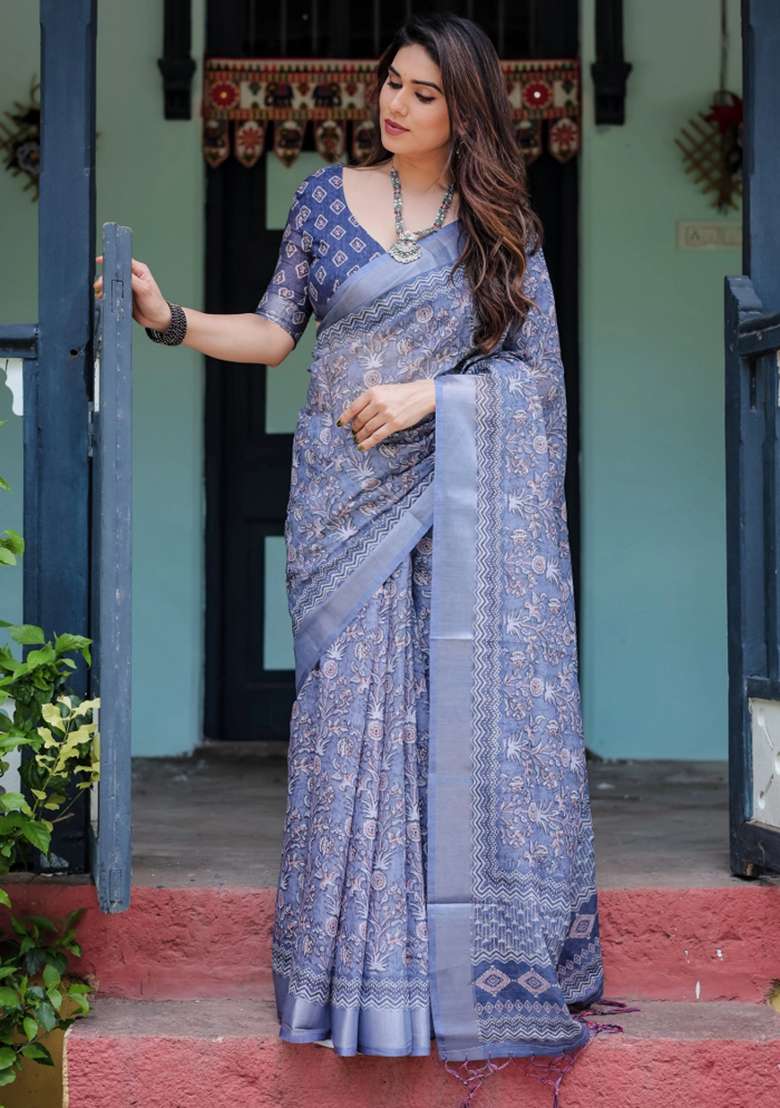 Blue Printed Cotton Linen Saree Set - Indya