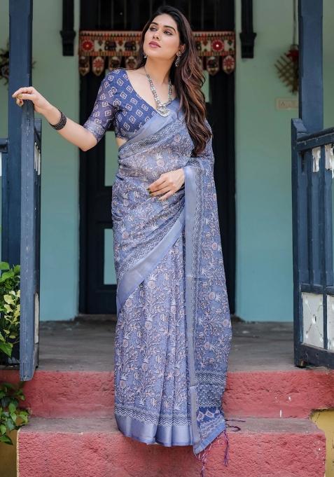 Blue Printed Cotton Linen Saree Set