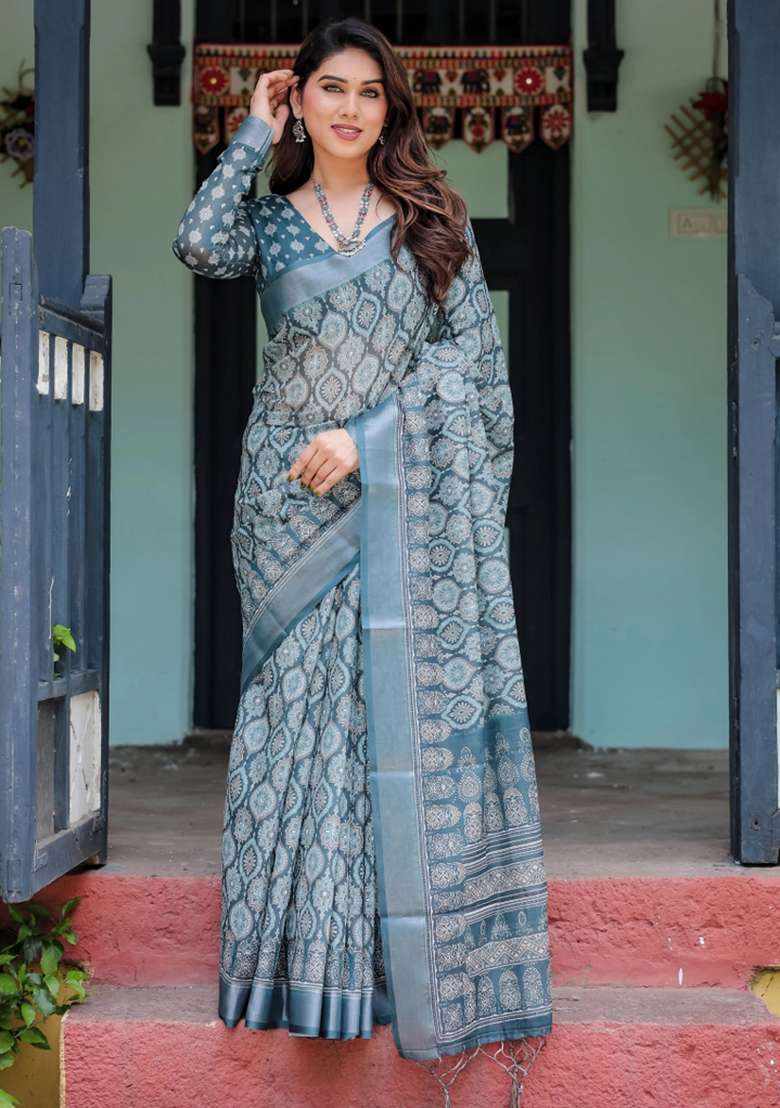 Blue Printed Cotton Linen Saree Set - Indya