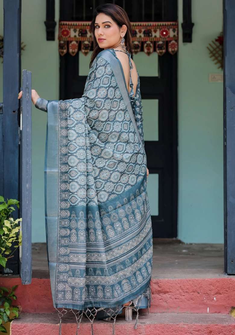 Blue Printed Cotton Linen Saree Set - Indya