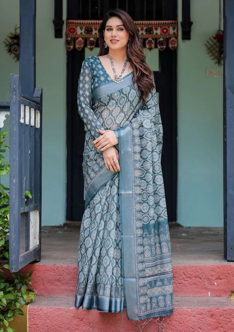 Blue Printed Cotton Linen Saree Set - Indya