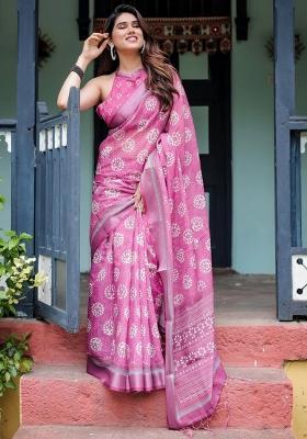 Magenta Printed Cotton Linen Saree Set