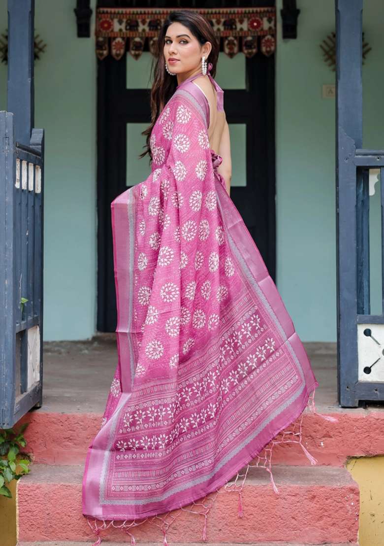 Magenta Printed Cotton Linen Saree Set - Indya