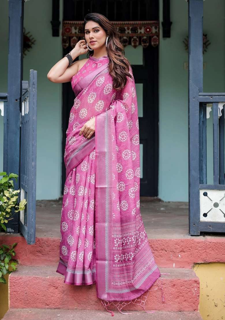 Magenta Printed Cotton Linen Saree Set - Indya