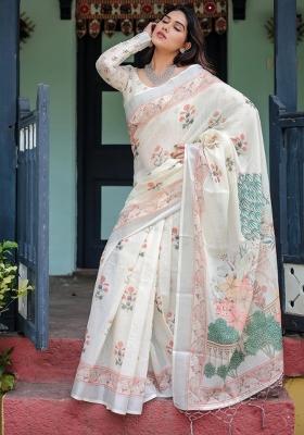 Ivory Printed Cotton Linen Saree Set