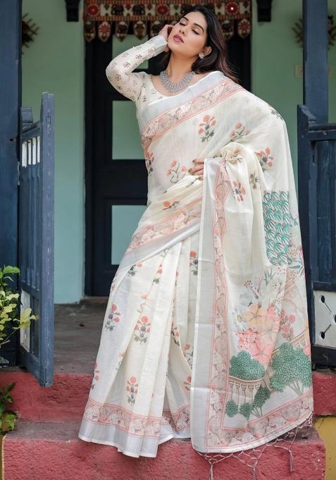 Ivory Printed Cotton Linen Saree Set