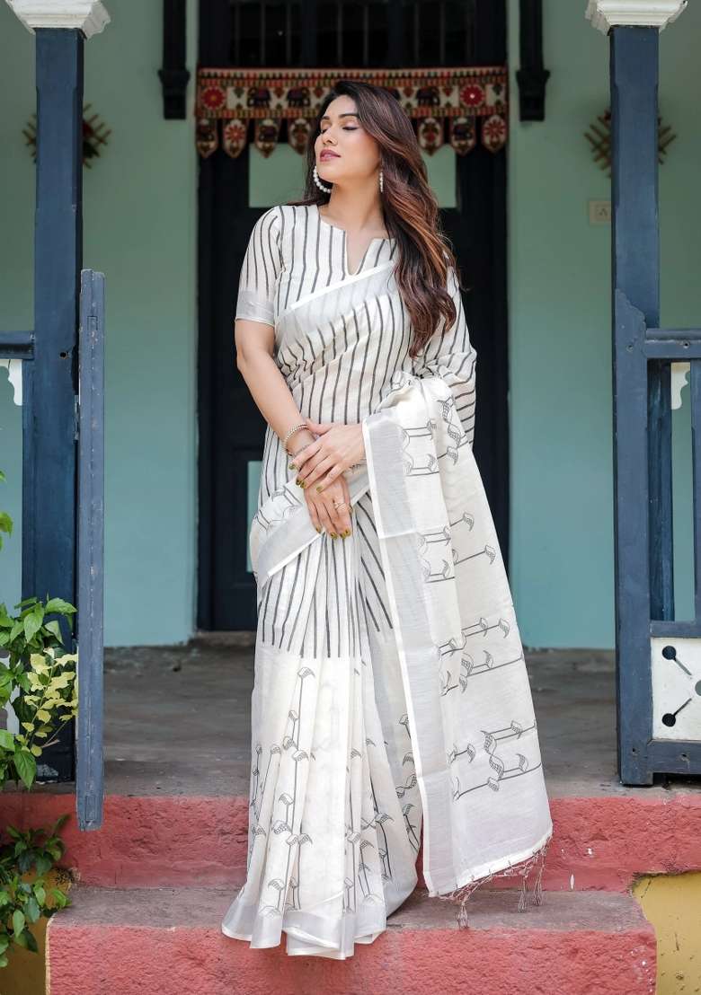 White Printed Cotton Linen Saree Set - Indya
