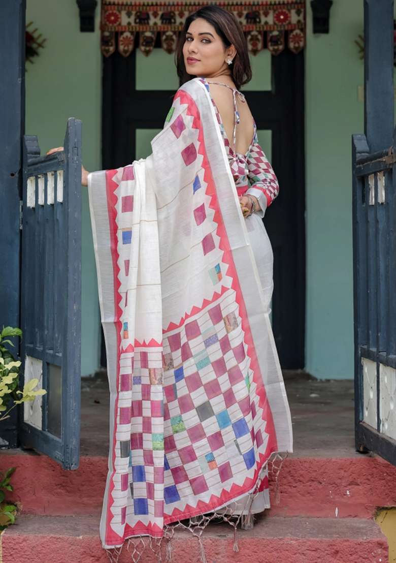 White Printed Cotton Linen Saree Set - Indya