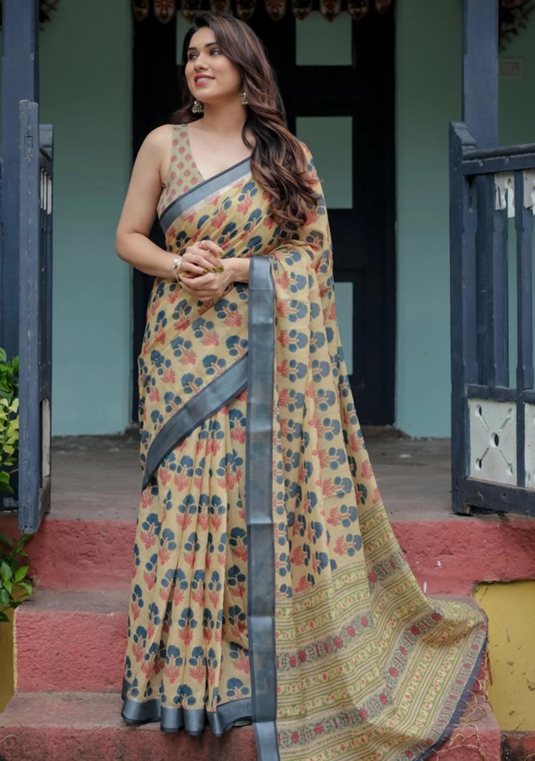 Beige Printed Cotton Linen Saree Set
