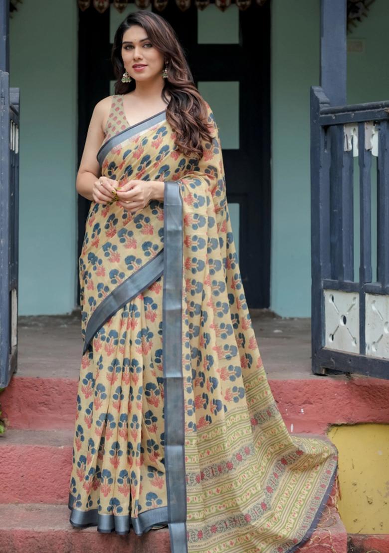 Beige Printed Cotton Linen Saree Set