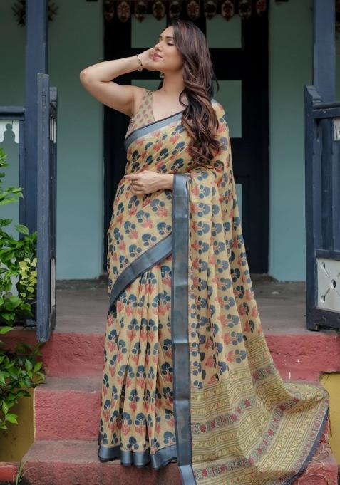 Beige Printed Cotton Linen Saree Set