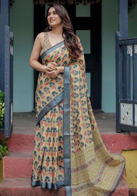 Beige Printed Cotton Linen Saree Set