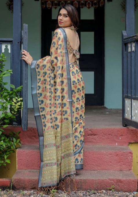 Beige Printed Cotton Linen Saree Set