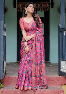 Magenta Printed Cotton Linen Saree Set