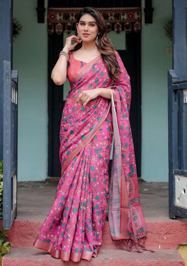 Magenta Printed Cotton Linen Saree Set - Indya