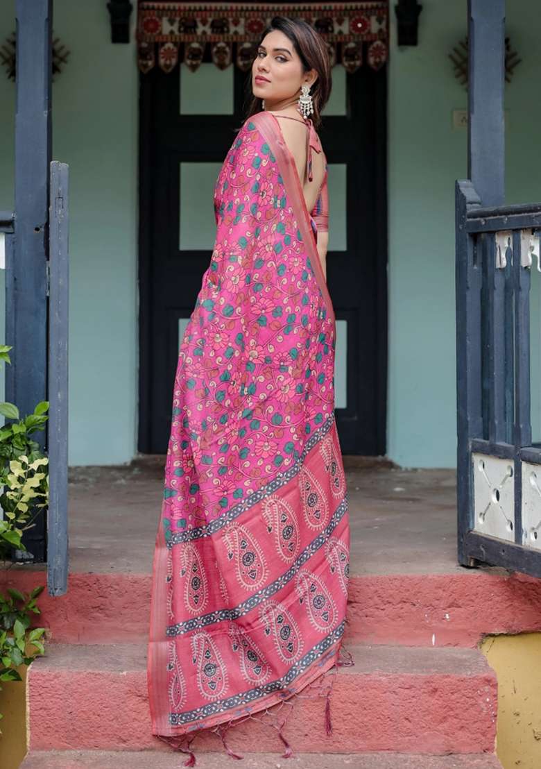 Magenta Printed Cotton Linen Saree Set - Indya