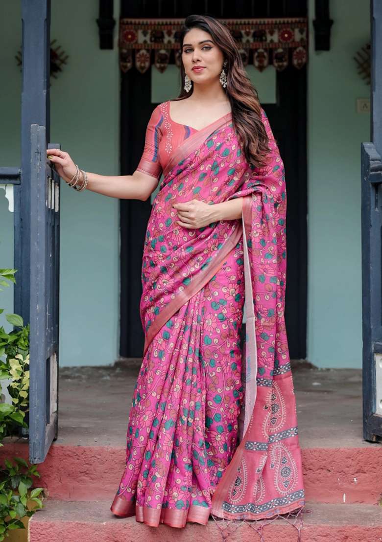 Magenta Printed Cotton Linen Saree Set - Indya