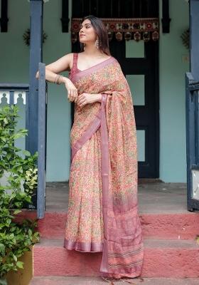 Beige Printed Cotton Linen Saree Set
