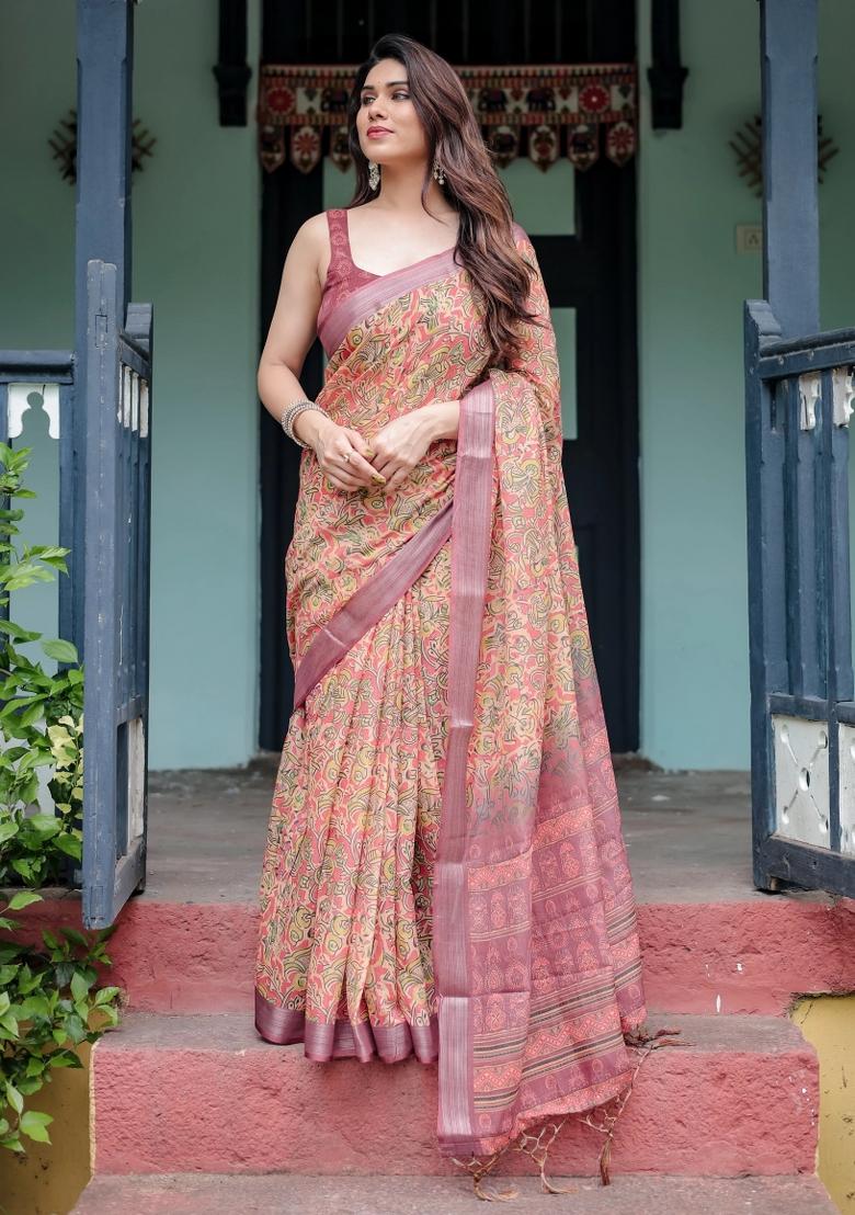 Beige Printed Cotton Linen Saree Set