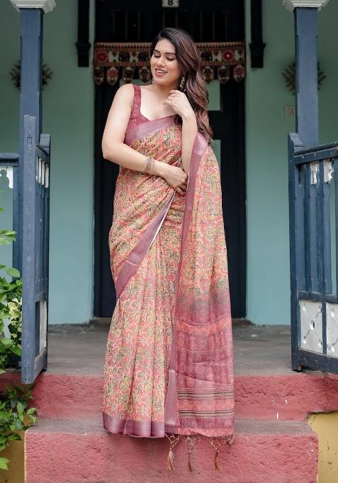 Beige Printed Cotton Linen Saree Set