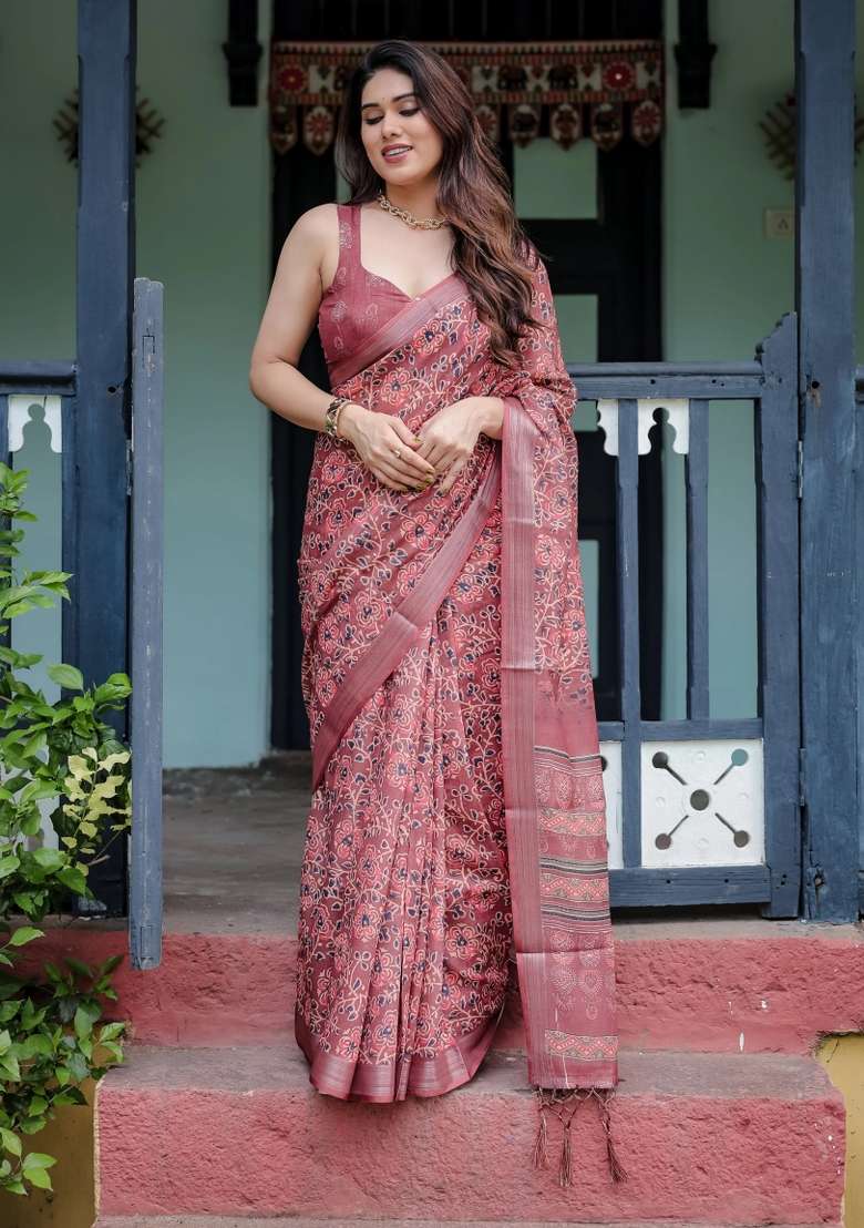 Red Printed Cotton Linen Saree Set - Indya