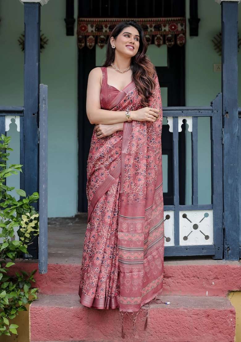 Red Printed Cotton Linen Saree Set - Indya