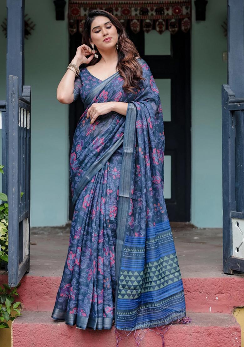 Blue Printed Cotton Linen Saree Set