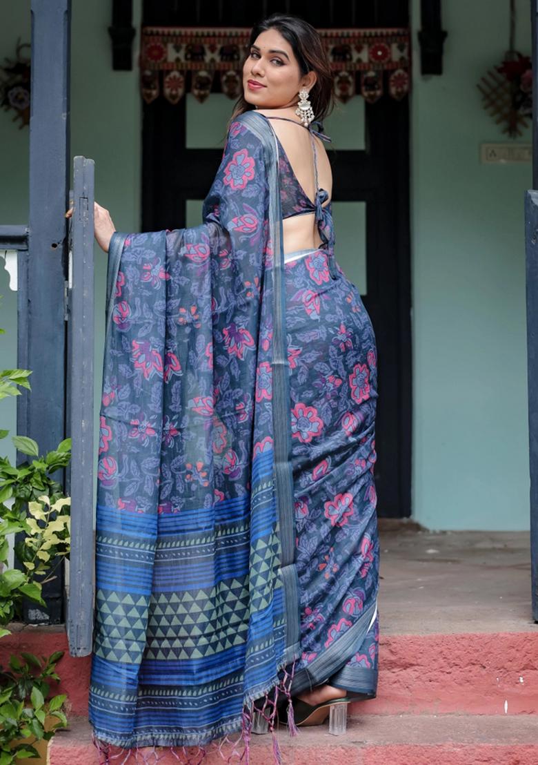 Blue Printed Cotton Linen Saree Set