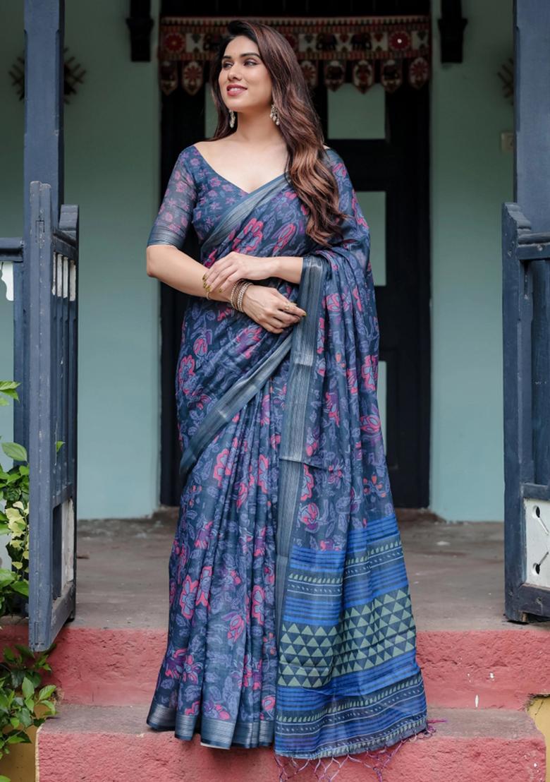 Blue Printed Cotton Linen Saree Set