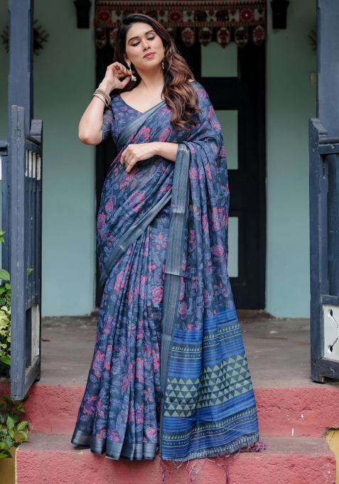 Blue Printed Cotton Linen Saree Set