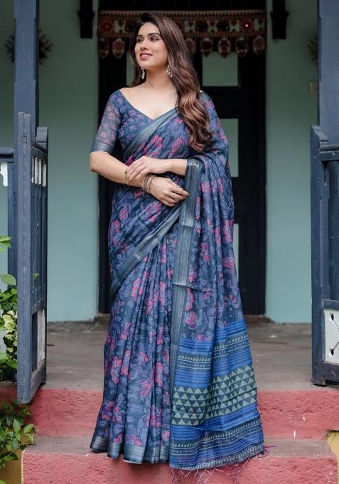 Blue Printed Cotton Linen Saree Set