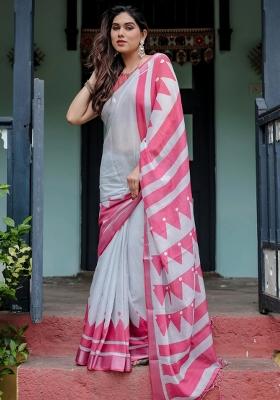 White Printed Cotton Linen Saree Set