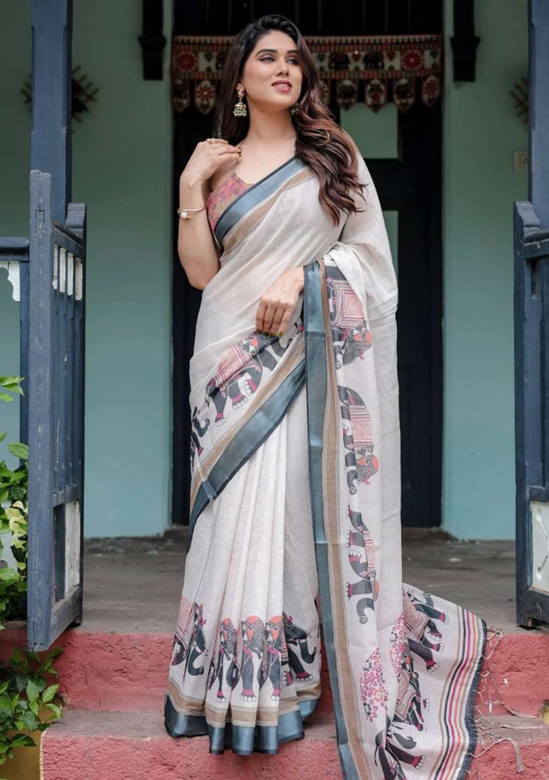 Ivory Printed Cotton Linen Saree Set - Indya