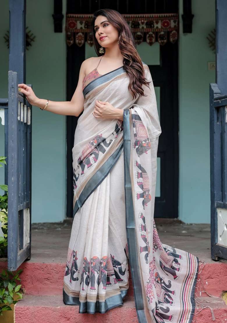 Ivory Printed Cotton Linen Saree Set - Indya
