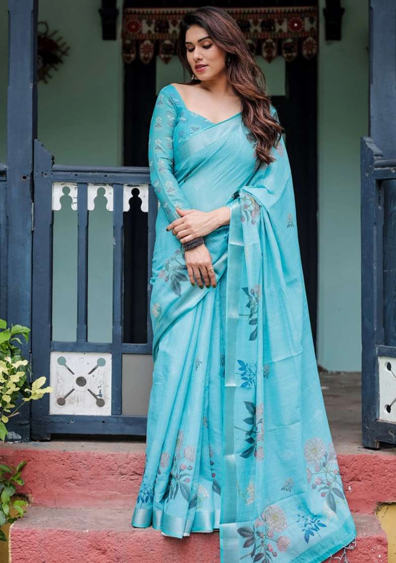 Blue Printed Cotton Linen Saree Set - Indya