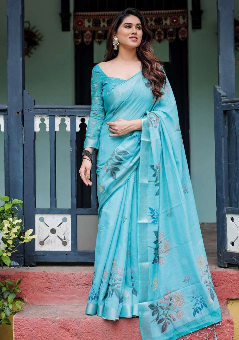 Blue Printed Cotton Linen Saree Set - Indya