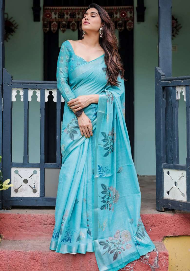 Blue Printed Cotton Linen Saree Set - Indya