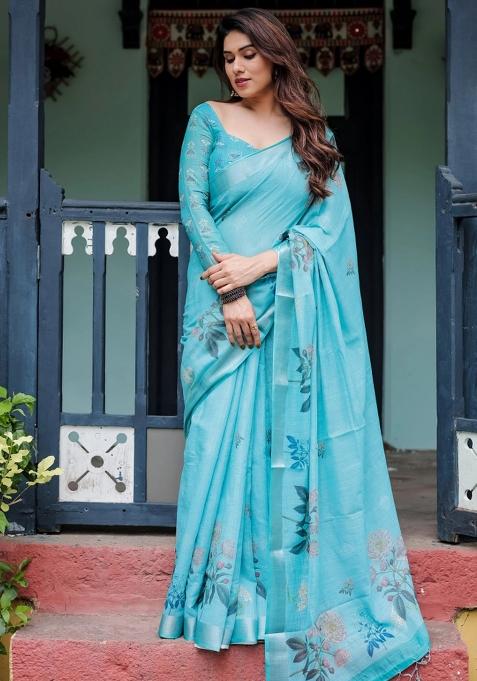 Blue Printed Cotton Linen Saree Set