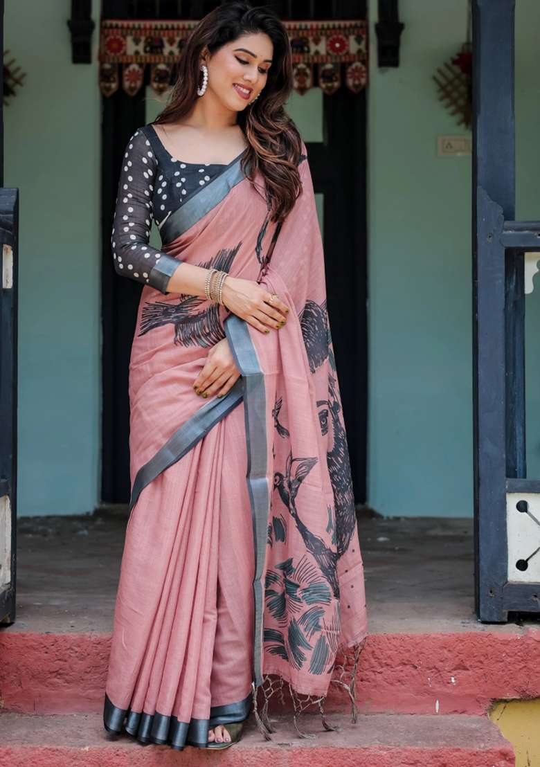 Pink Printed Cotton Linen Saree Set - Indya