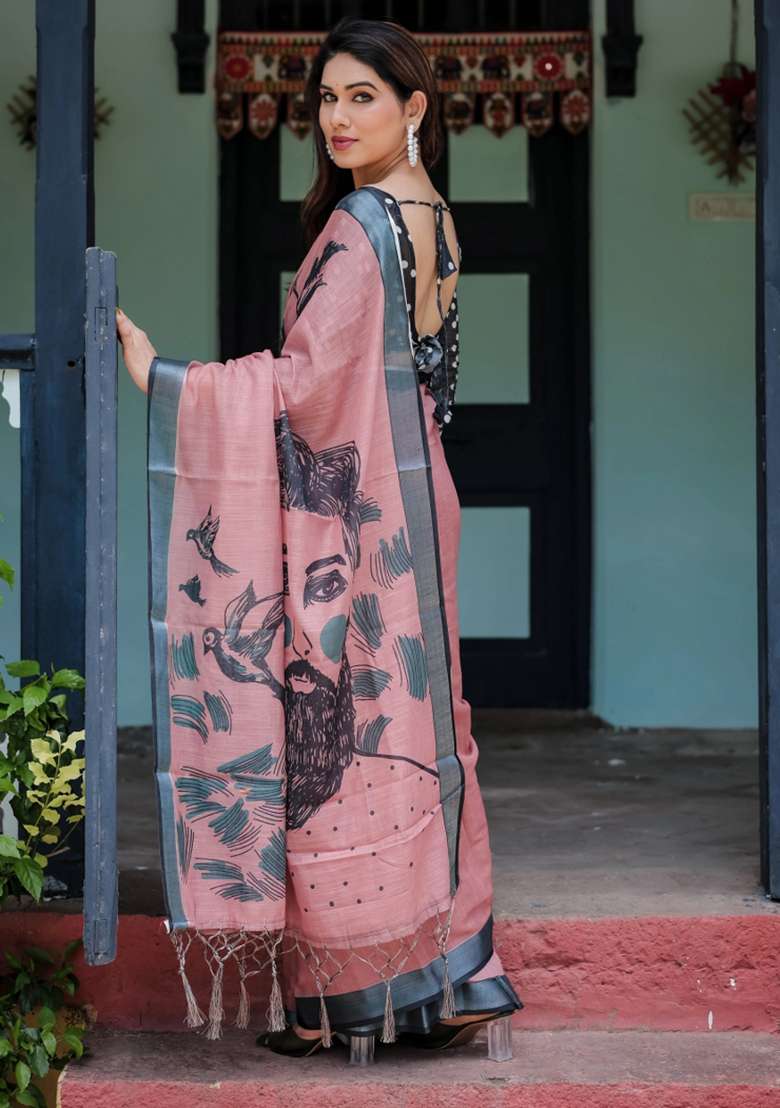 Pink Printed Cotton Linen Saree Set - Indya