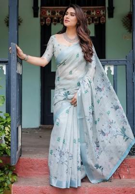 Grey Printed Cotton Linen Saree Set