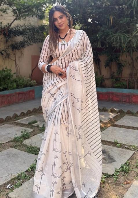 Off White Printed Cotton Linen Saree Set
