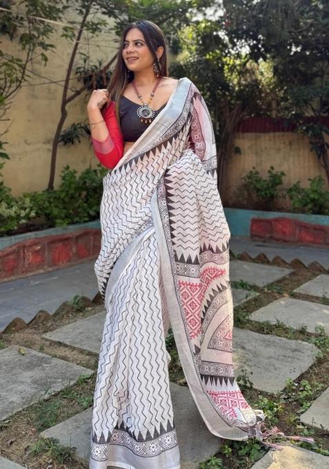 White Printed Cotton Linen Saree Set