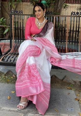 White Printed Cotton Linen Saree Set