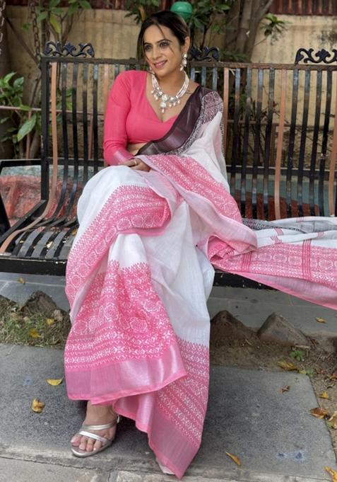 White Printed Cotton Linen Saree Set