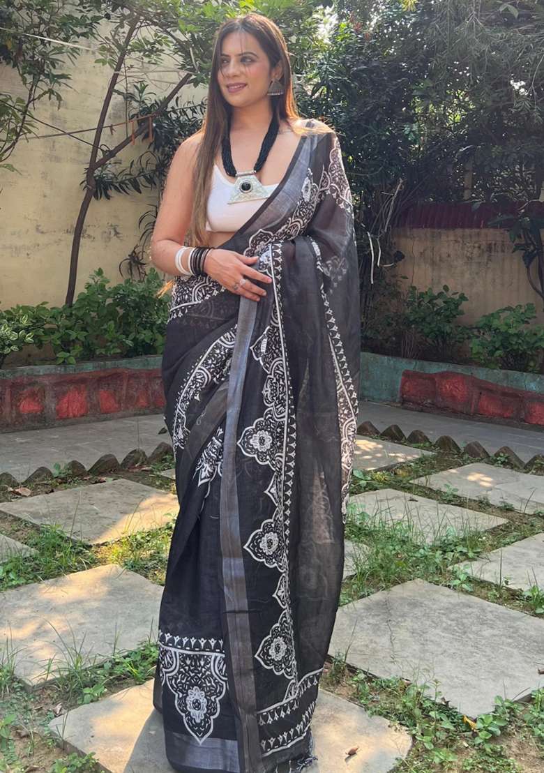Black Printed Cotton Linen Saree Set - Indya