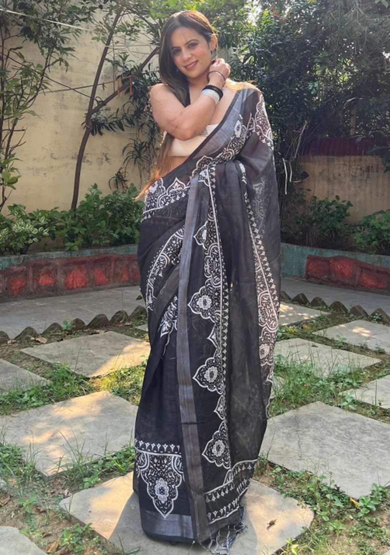 Black Printed Cotton Linen Saree Set - Indya